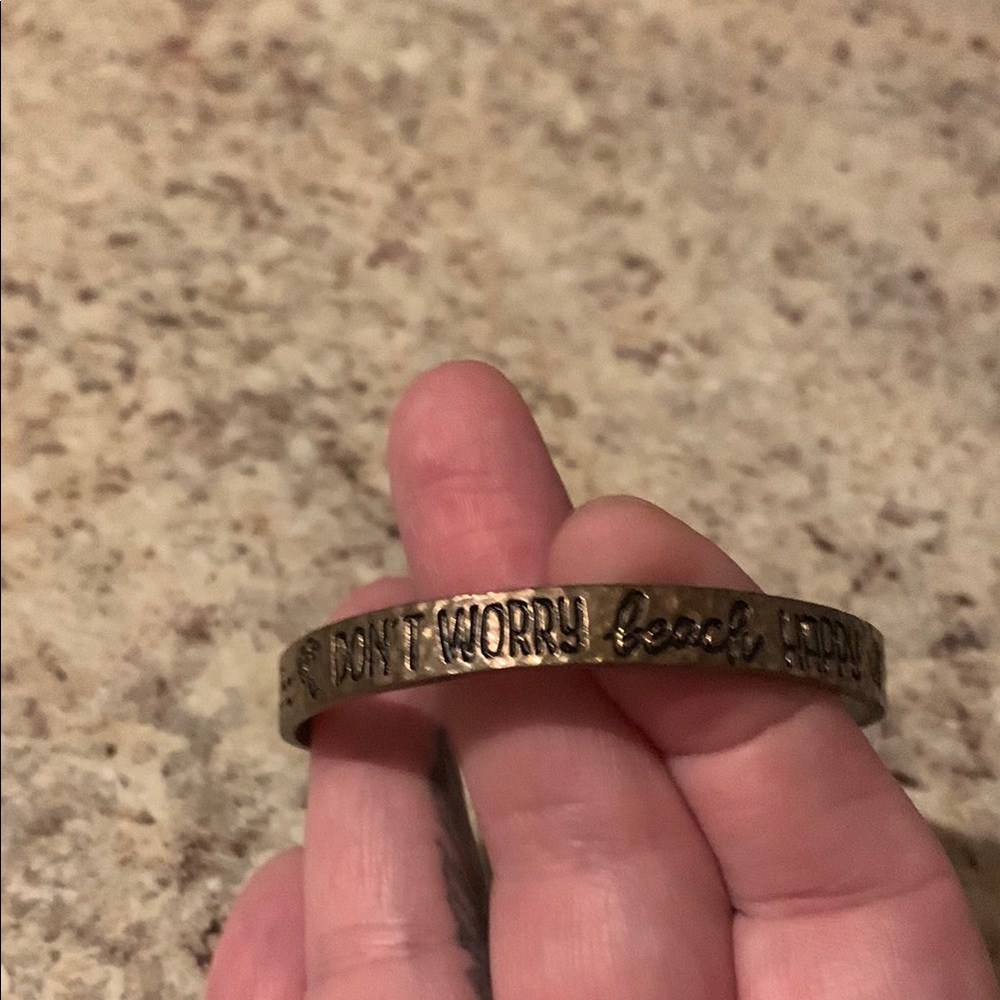 Gold tone Engraved Bracelet beach 🏝️ theme!!! “Don’t worry beach Happy “
